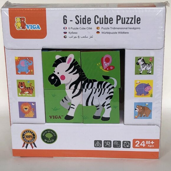 New Sealed Viga 4pcs 6-side Cube Puzzle - Wild Animals For Age 18 Months - Picture 6 of 8